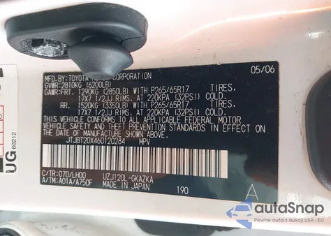 2006 Lexus Gx 470 из США, поврежденный, VIN JTJBT20X460120284